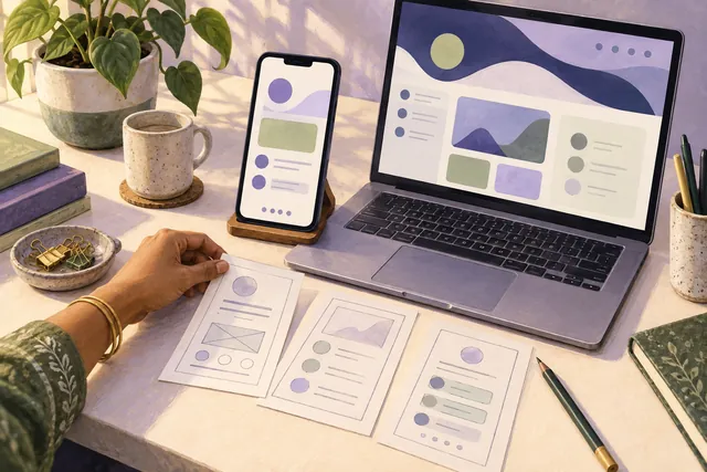 Illustration: Paper wireframes are compared with a website and mobile app design.