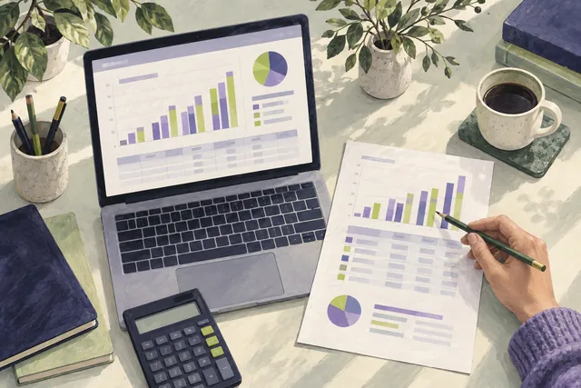 Illustration: A spreadsheet and printed charts are compared before using the numbers.