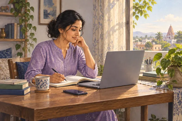 Illustration: An adult learner studies with a laptop and notebook at home.