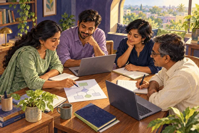 Illustration: A group of adults discuss a practical task in a community learning space.