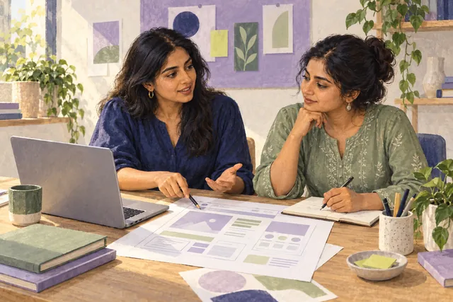 Illustration: Two adult learners discuss a project and record feedback.