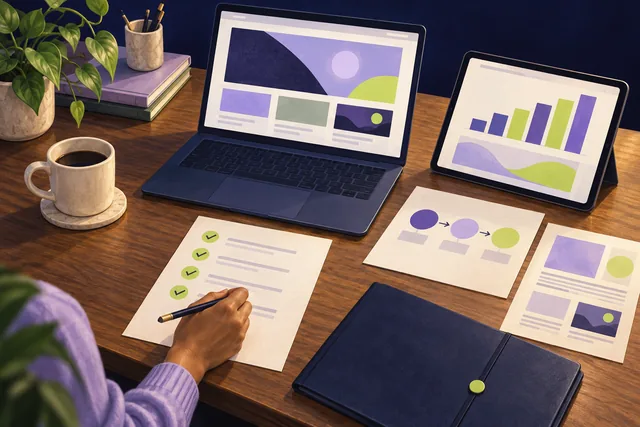 Illustration: A portfolio desk brings together a website, charts and reviewed project notes.