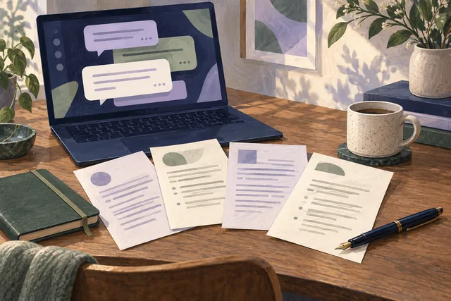 Illustration: An AI conversation and several drafts are arranged for review.