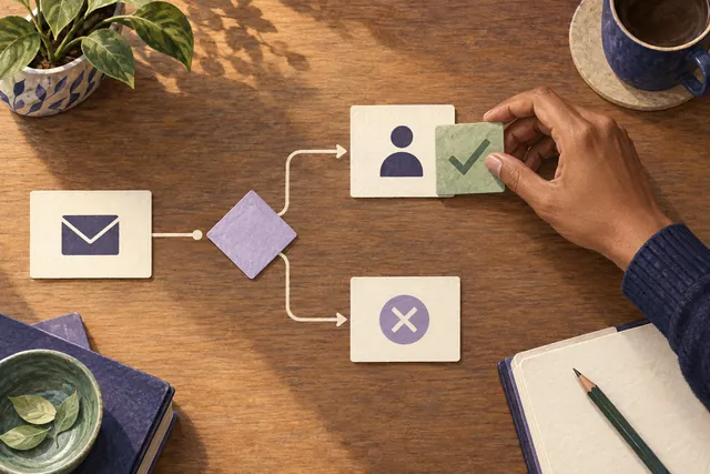 Illustration: A hand adds a human approval step to a workflow of connected cards.