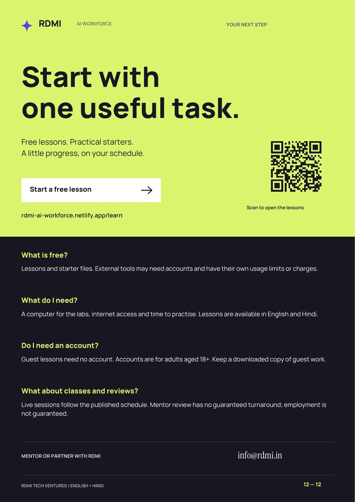 Page 12 of the RDMI programme guide: Start + questions